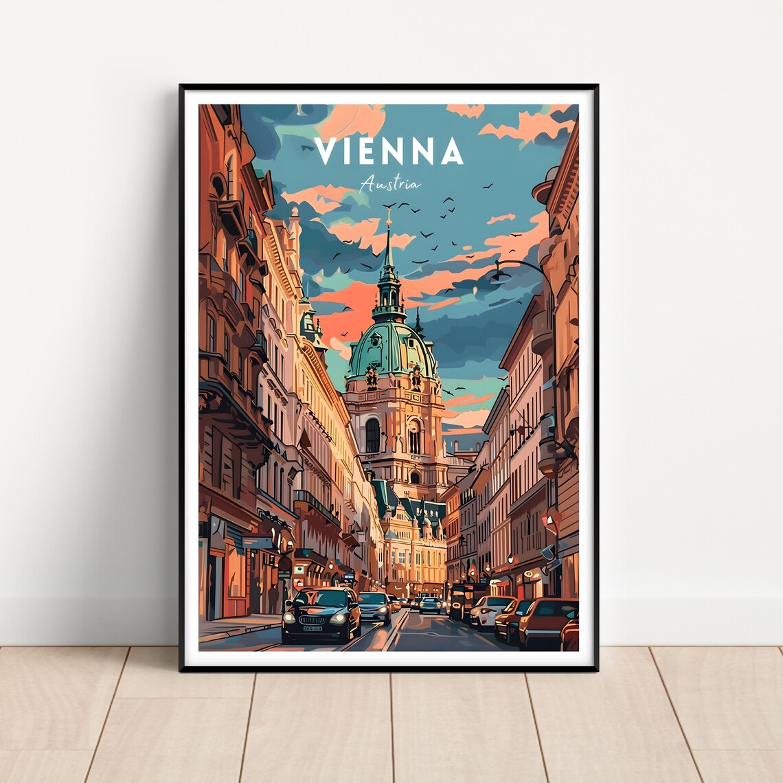 Vienna Austria Baroque Church Dome Street Vintage Travel Poster