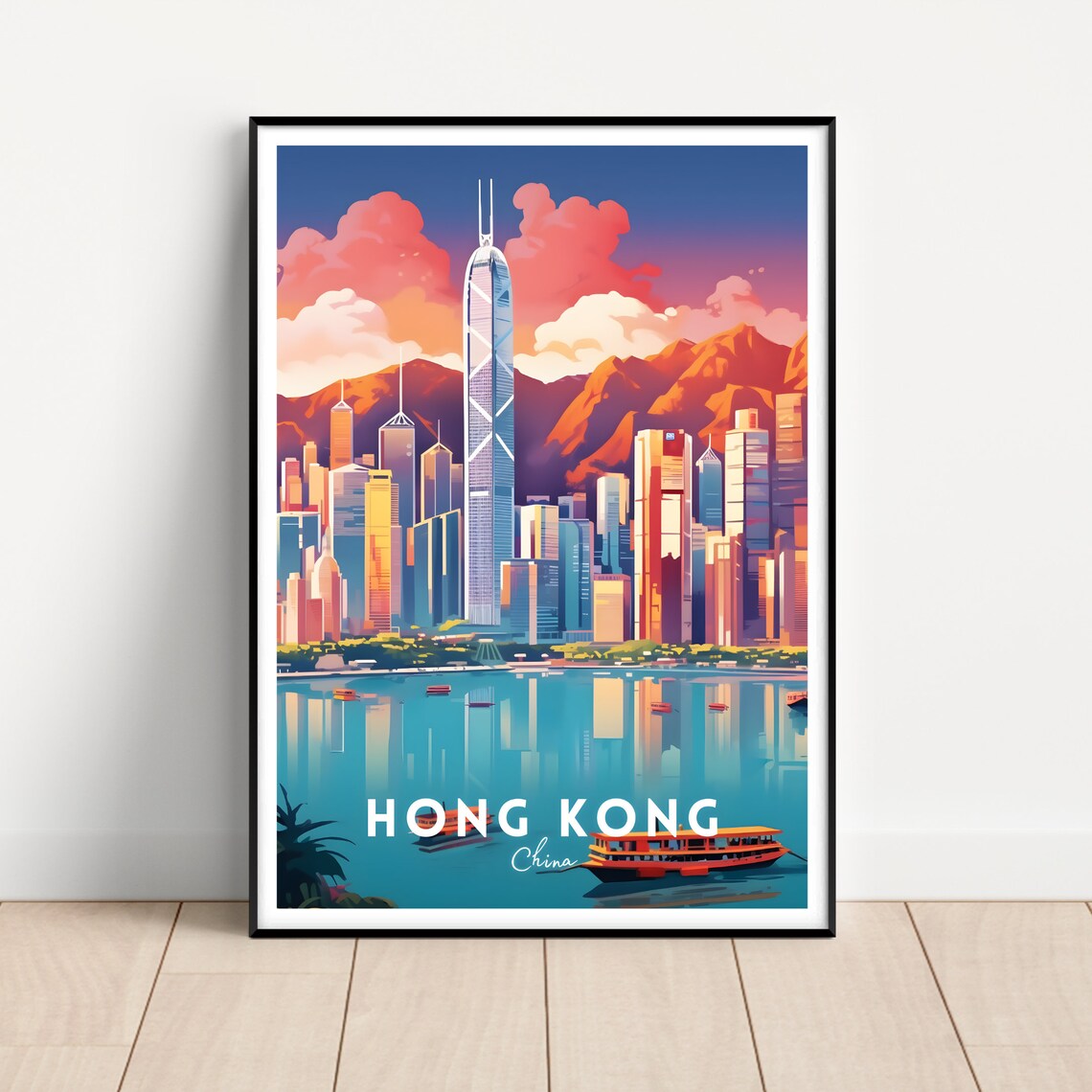 Hong Kong China Victoria Harbour Sunset Skyline Travel Poster