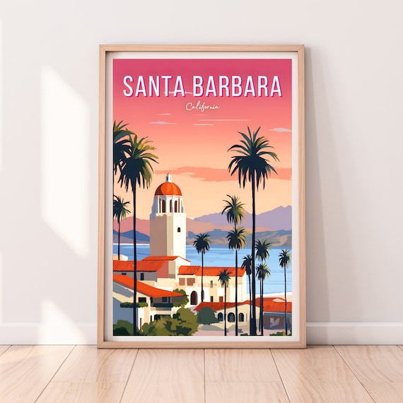 Santa Barbara California Sunset Palm Trees Skyline Vintage Travel Poster