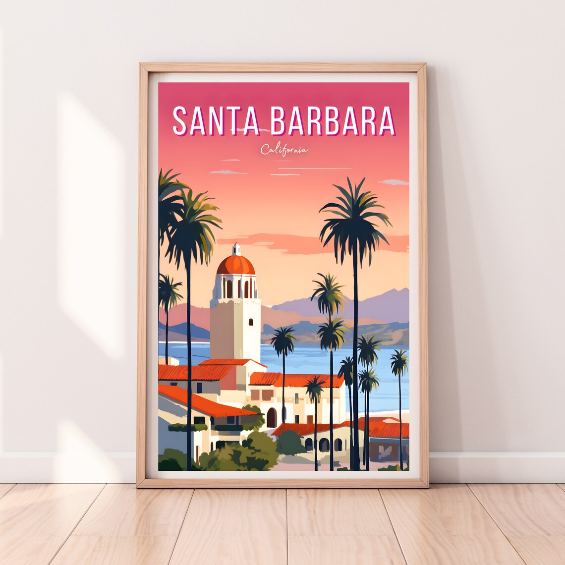 Santa Barbara California Sunset Palm Trees Skyline Vintage Travel Poster