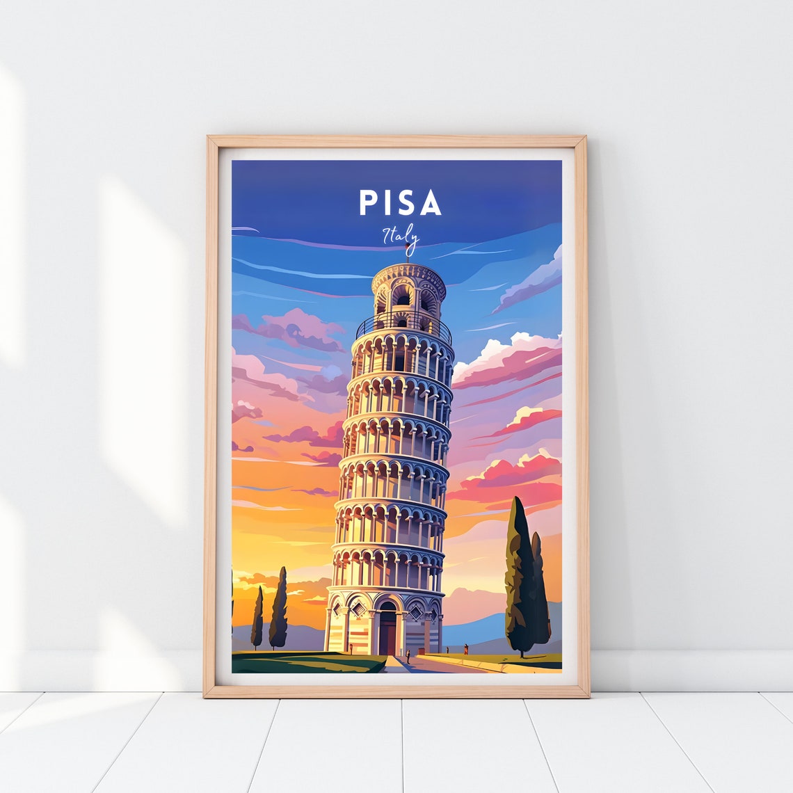 Pisa Italy Leaning Tower Tuscan Sunset Vintage Retro Travel Poster - Image 2