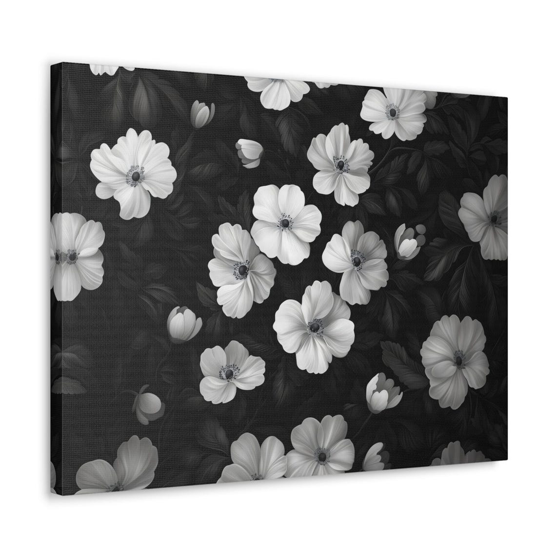 Black And White Floral Pattern Blossoms On Dark Canvas Poster