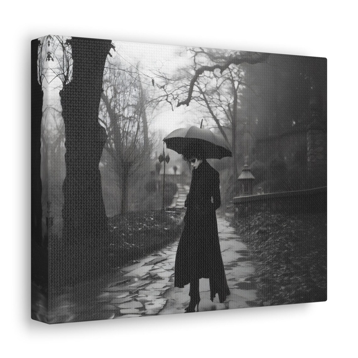Black and White Gothic Figure with Umbrella in a Misty Park Vintage Poster - Image 3