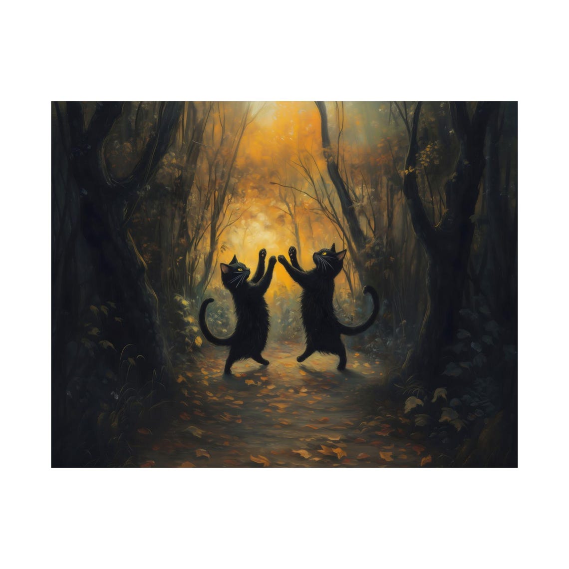 Two Black Cats Dancing in Enchanted Golden Autumn Forest Night Poster - Image 3