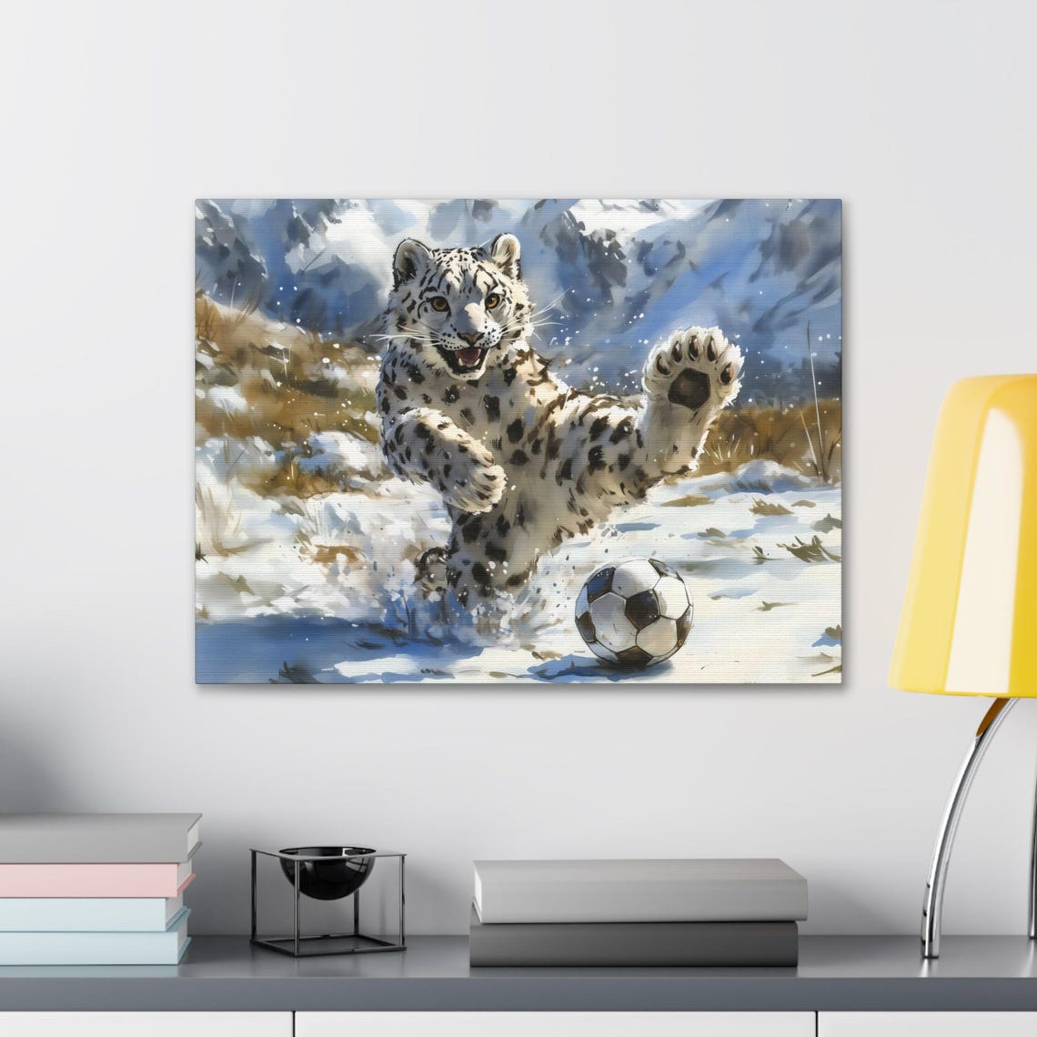 Playful Snow Leopard Cub Soccer Watercolor Snow Mountain Scene Poster - Image 2