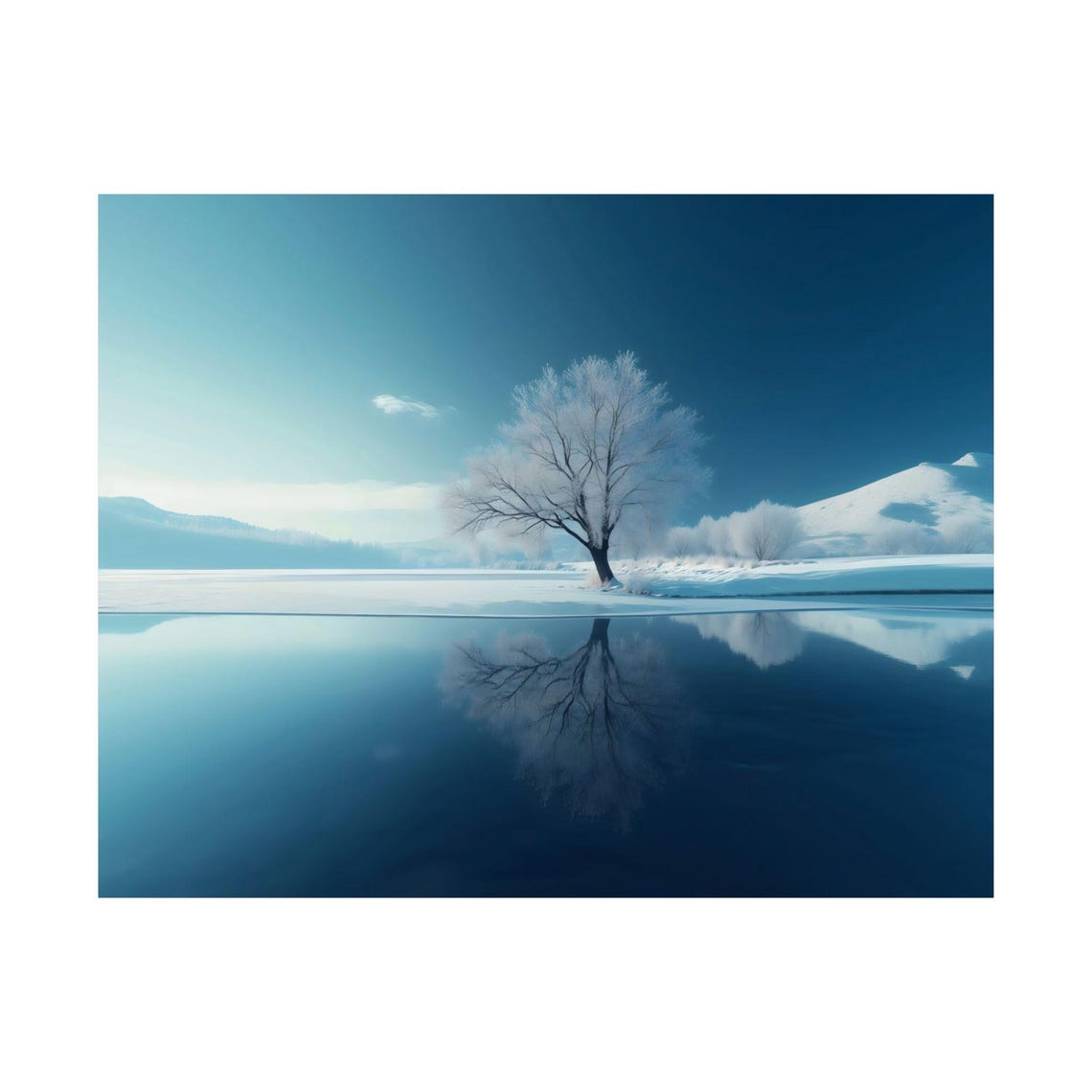 Still Blue Winter Lake Mirror Reflection Of Frosted Tree Poster - Image 3