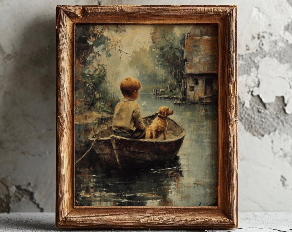 Boy and Dog On Boat Vintage Nursery Art Print - Image 2