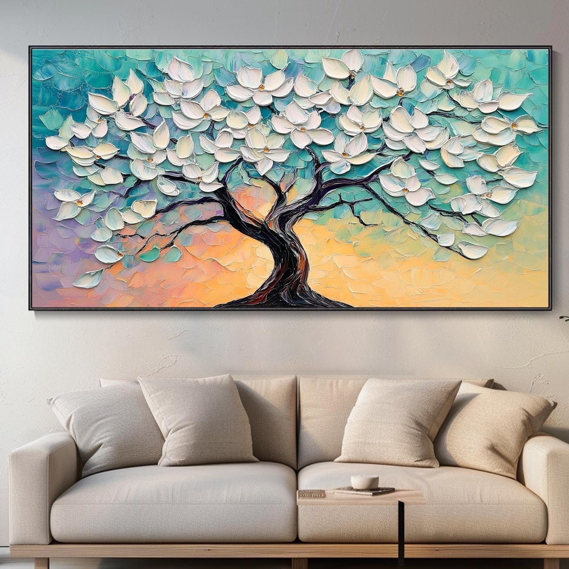 White Flowering Tree Teal Sunset Background Textured Oil Art Poster - Image 4