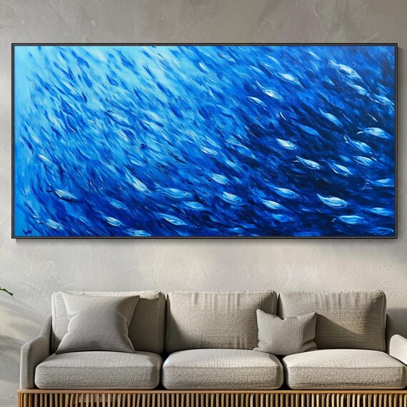 Fish Shoal 3d Thick Texture Wall Art Living Room Wall Decor Abstract Oil Painting Large Decorative Knife Painting Ocean Style Rich Colors
