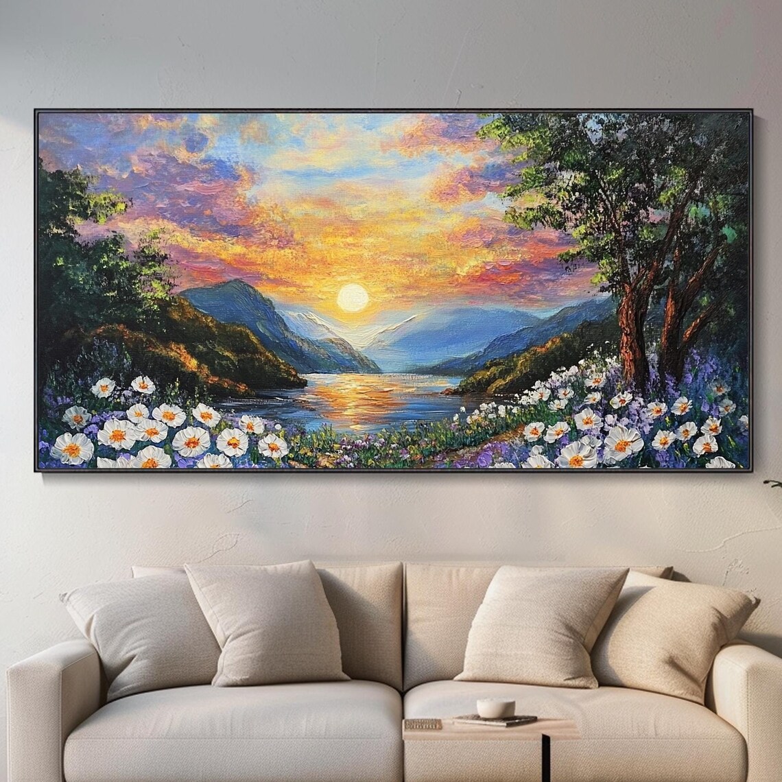 Sunset Mountain Lake Daisy Wildflowers Impasto Oil Painting Wall Art