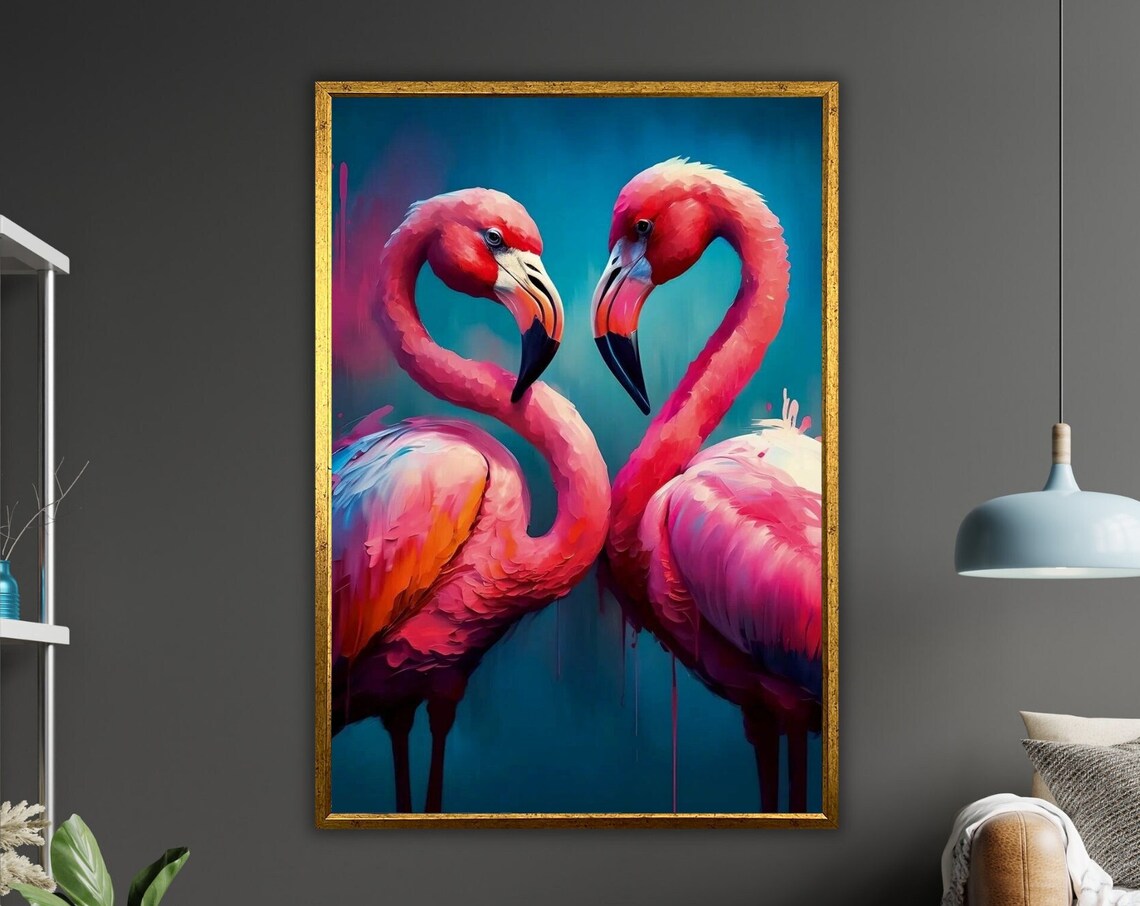 Two Pink Flamingos Heart Shape Vibrant Teal Tropical Wall Poster