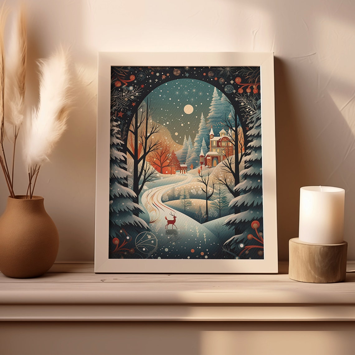 Winter Wonderland Deer Cabin Snowy Forest Moonlit Night Poster - Image 3