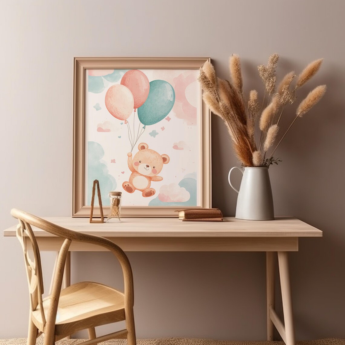 Cute Teddy Bear Holding Balloons Watercolor Nursery Poster Pastel Baby Room Art - Image 7
