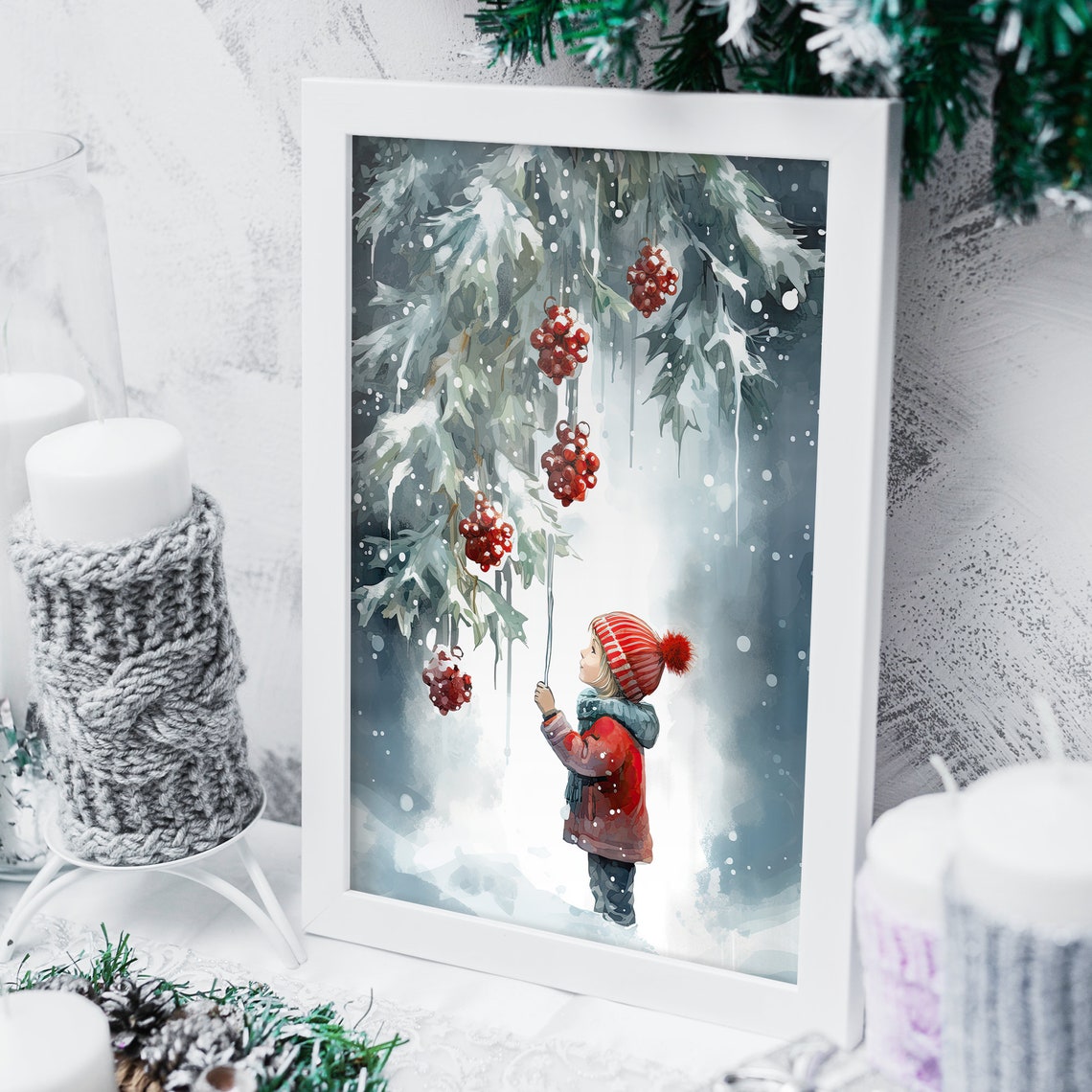 Snowy Winter Child Hanging Red Berry Ornaments Christmas Poster - Image 5