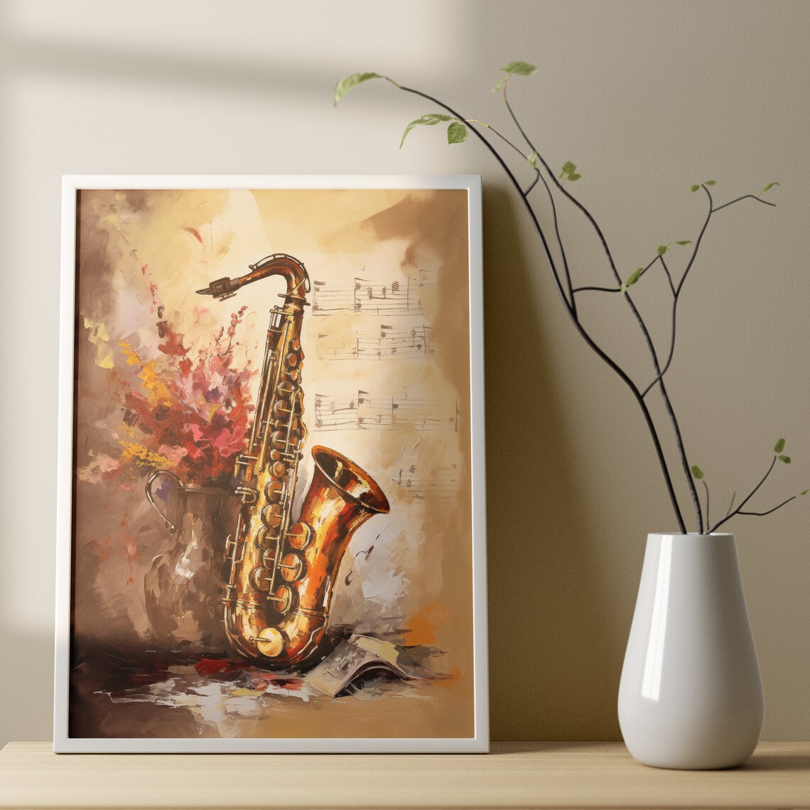 Golden Saxophone Still Life Oil Painting Flowers Sheet Music Poster - Image 4