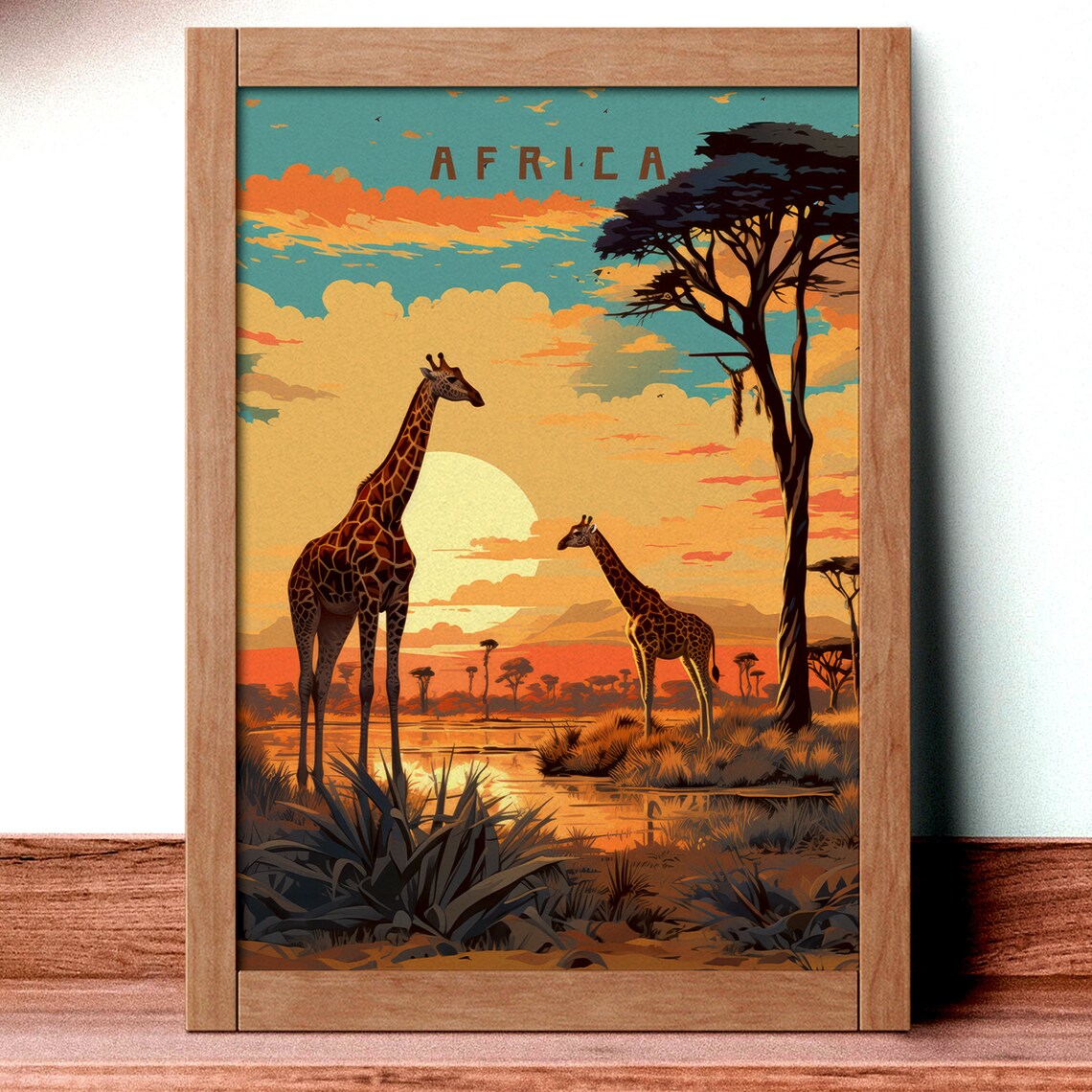 Africa Two Giraffes Sunset Waterhole Acacia Vintage Travel Poster - Image 4