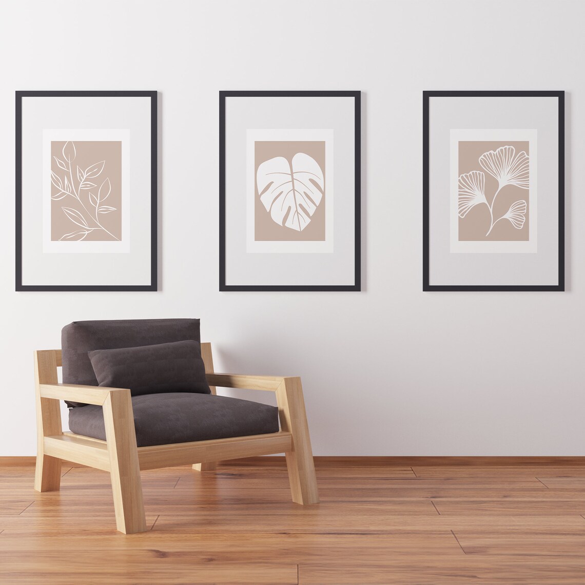 Set Of 3 Beige Botanical Line Art Leaves Monstera Ginkgo Poster - Image 2