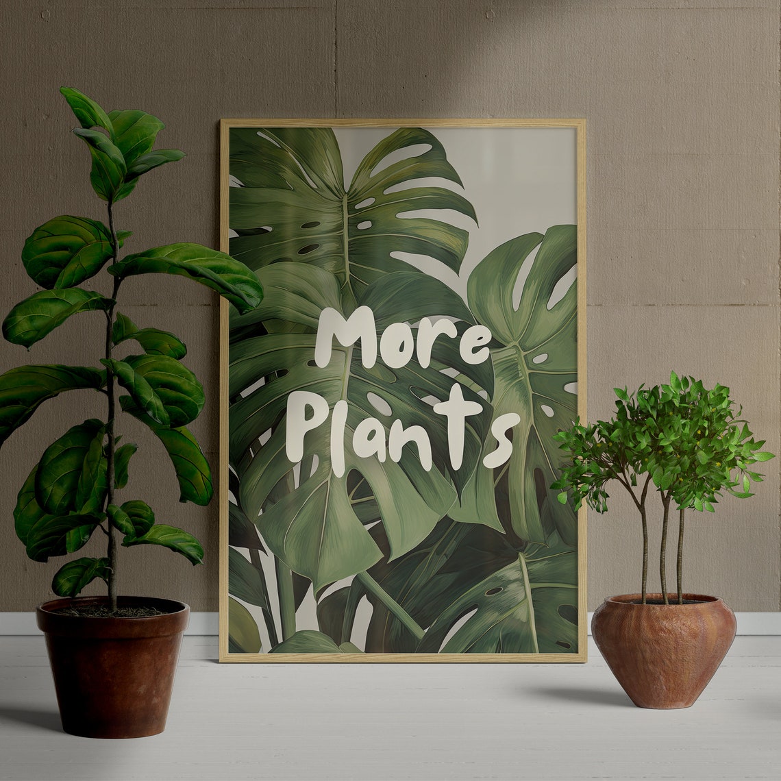 More Plants Monstera Leaves Bold Green Botanical Typography Art Poster - Image 3