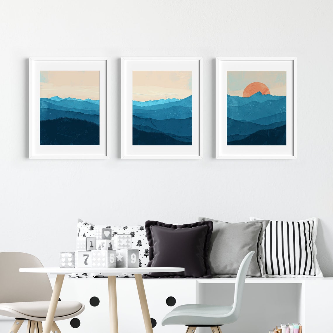 Blue Mountains Sunset Modern Three Piece Abstract Landscape Art Poster - Image 5