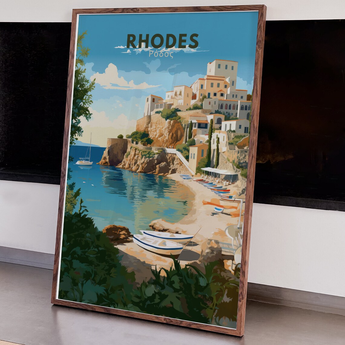 Rhodes Greece Retro Travel Poster with Coastal Harbor Village - Image 6
