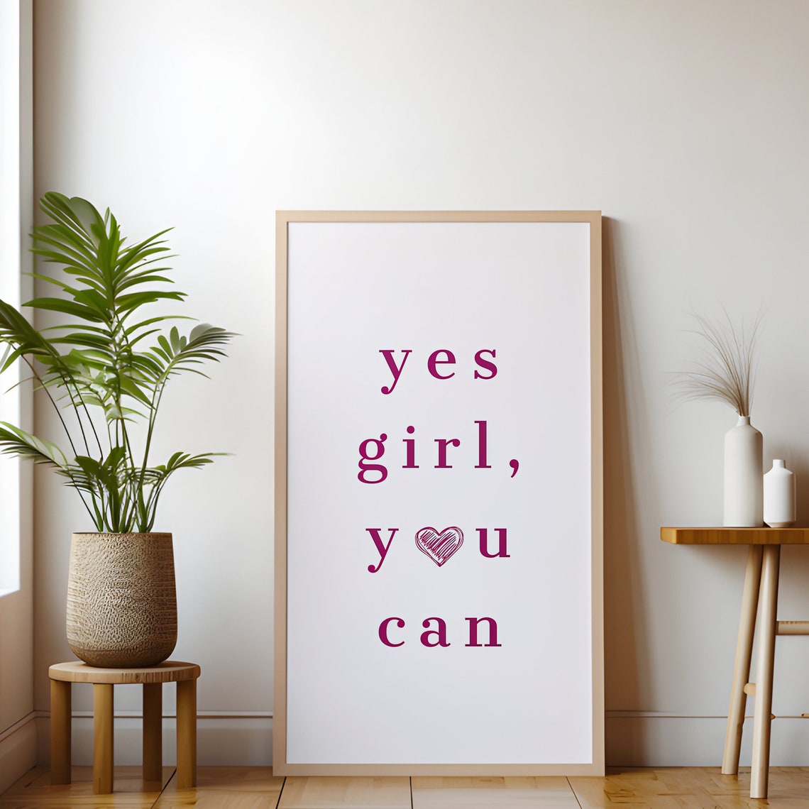 Yes Girl You Can Affirmation Pink Serif Heart Typography Poster - Image 3