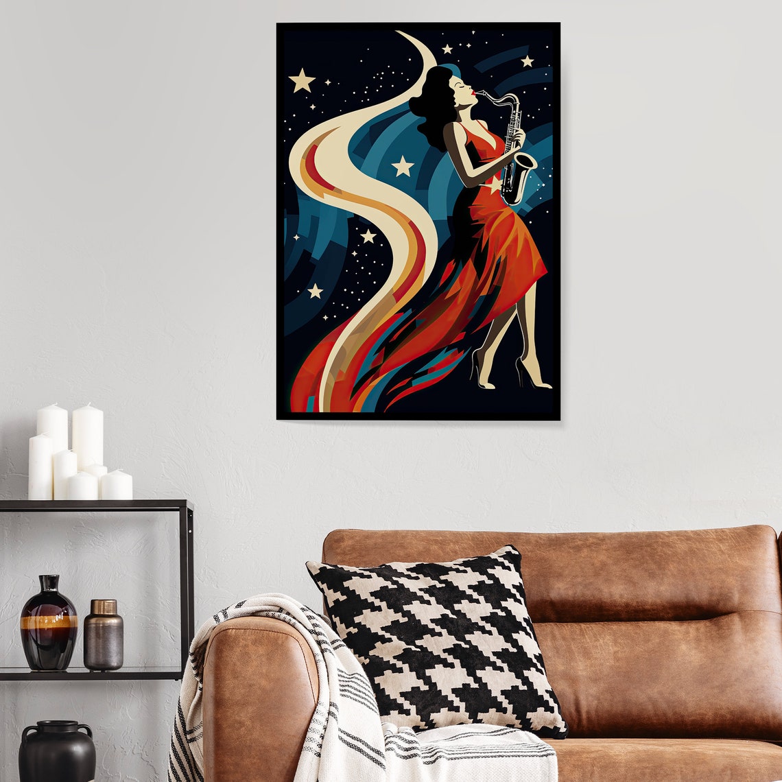 Saxophone Lady Red Dress Starry Night Art Deco Jazz Music Poster - Image 3