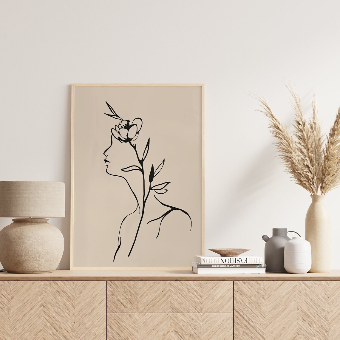Minimalist Line Art Woman Profile with Flower Beige Art Poster - Image 5