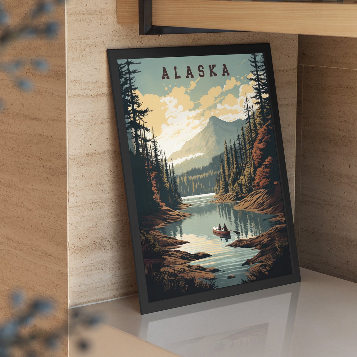 Alaska Retro Travel Poster with Canoe Mountain Lake Pine Forest - Image 4