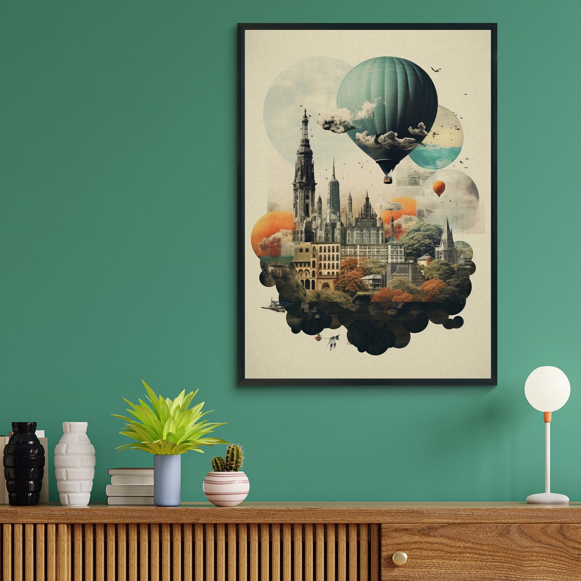 Vintage Travel Collage Hot Air Balloons Over Old City Poster - Image 4