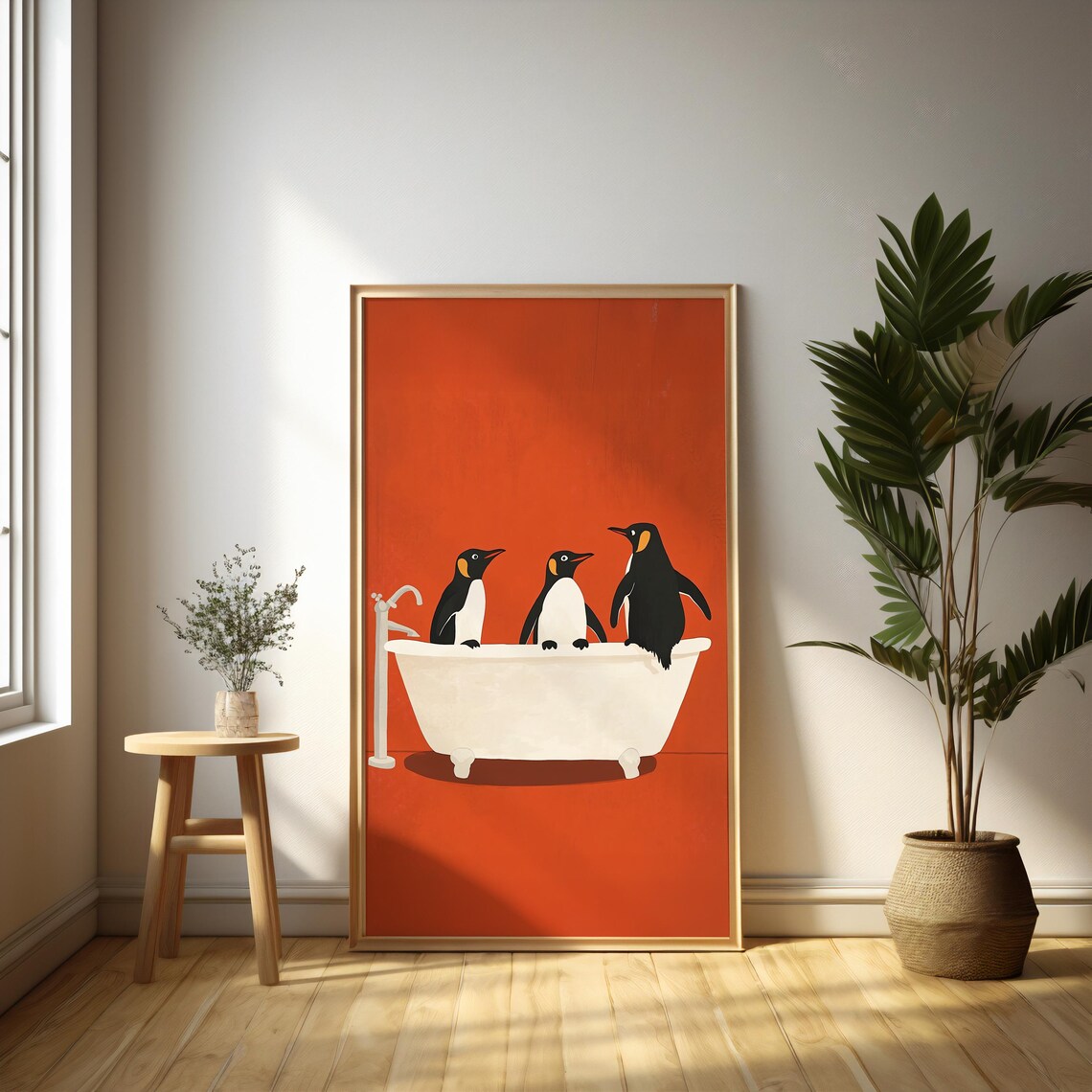 Penguins In Bathtub Funny King Penguin Bath Orange Bathroom Poster - Image 5