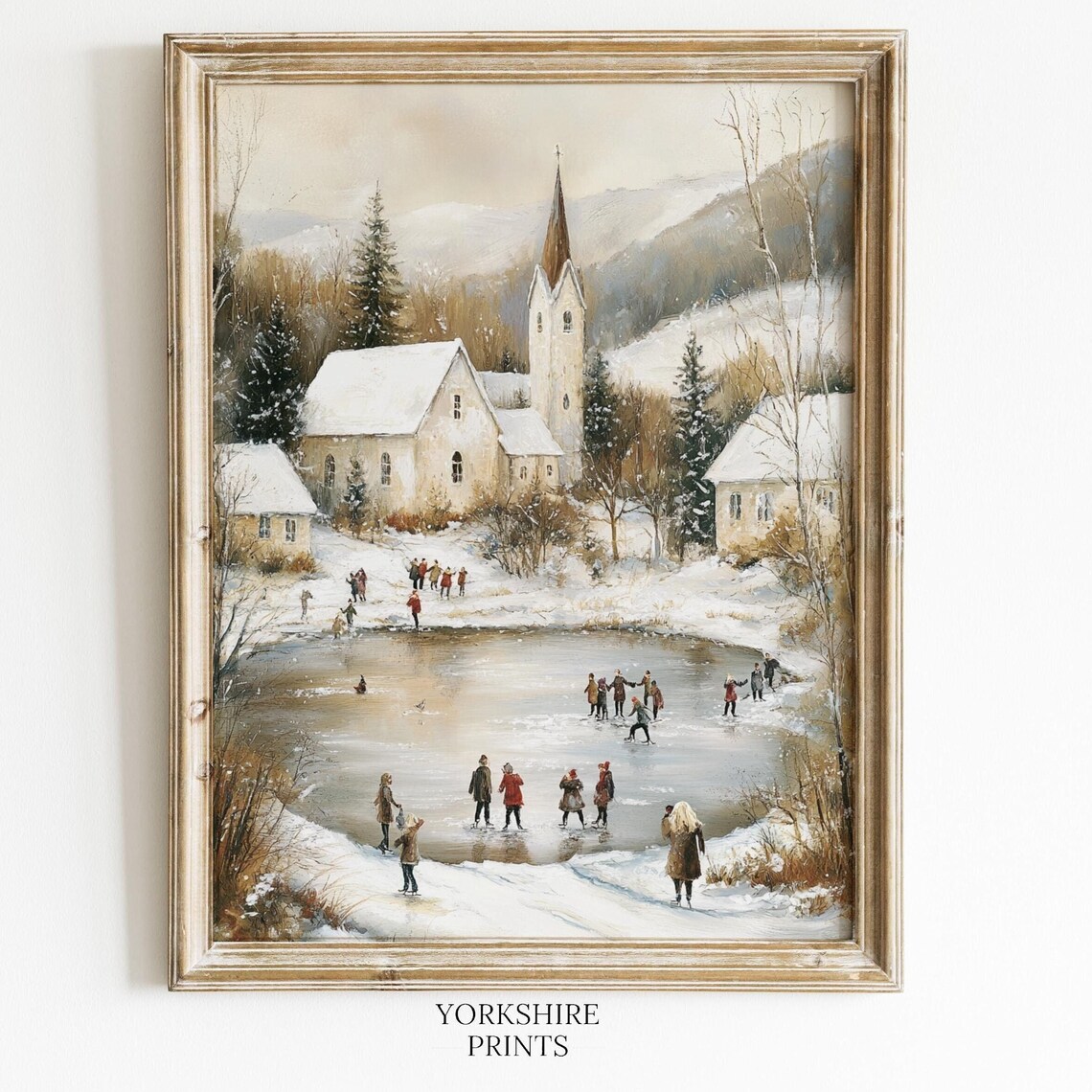 Ice Skating On Frozen Lake By Snowy Village Church Winter Poster
