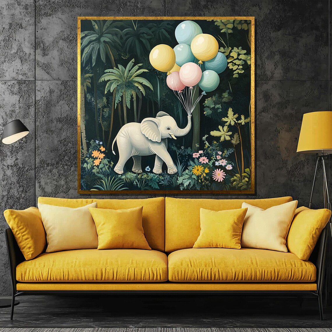Adorable Baby Elephant Holding Pastel Balloons in Jungle Poster
