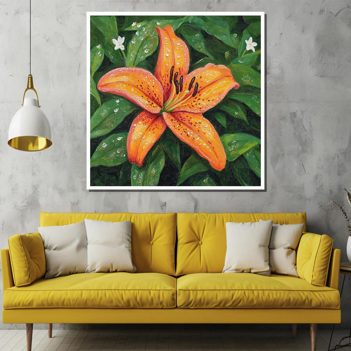 Orange Tiger Lily with Sparkling Dew Drops Among Green Leaves Poster - Image 2