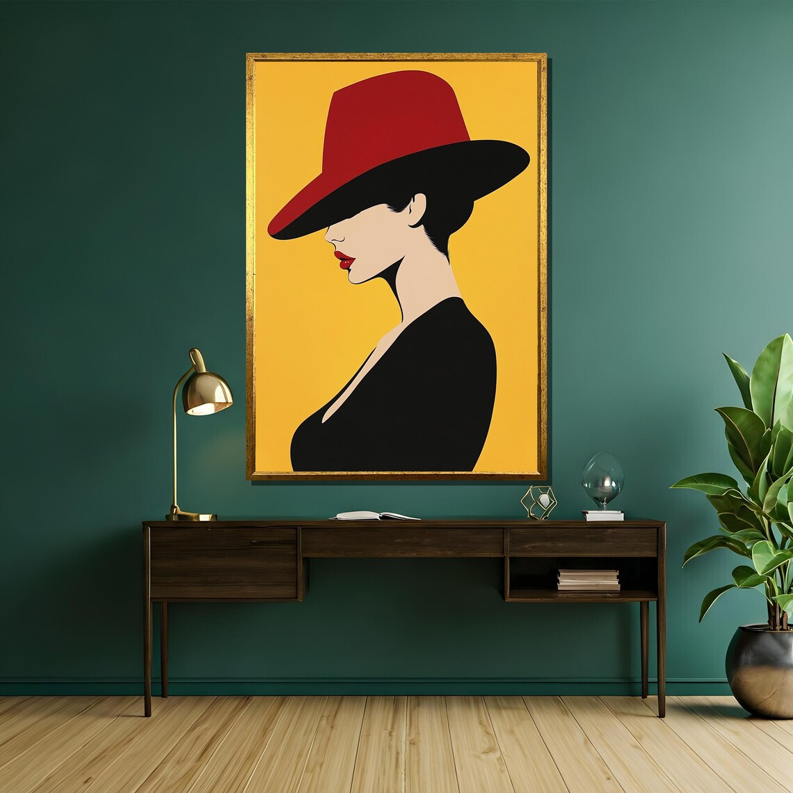 Minimalist Woman in Red Hat Profile Portrait on Mustard Poster - Image 5