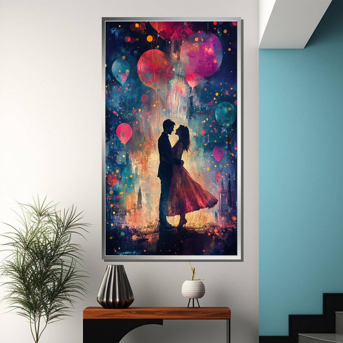 Romantic Couple Silhouette With Balloons City Night Art Poster - Image 3