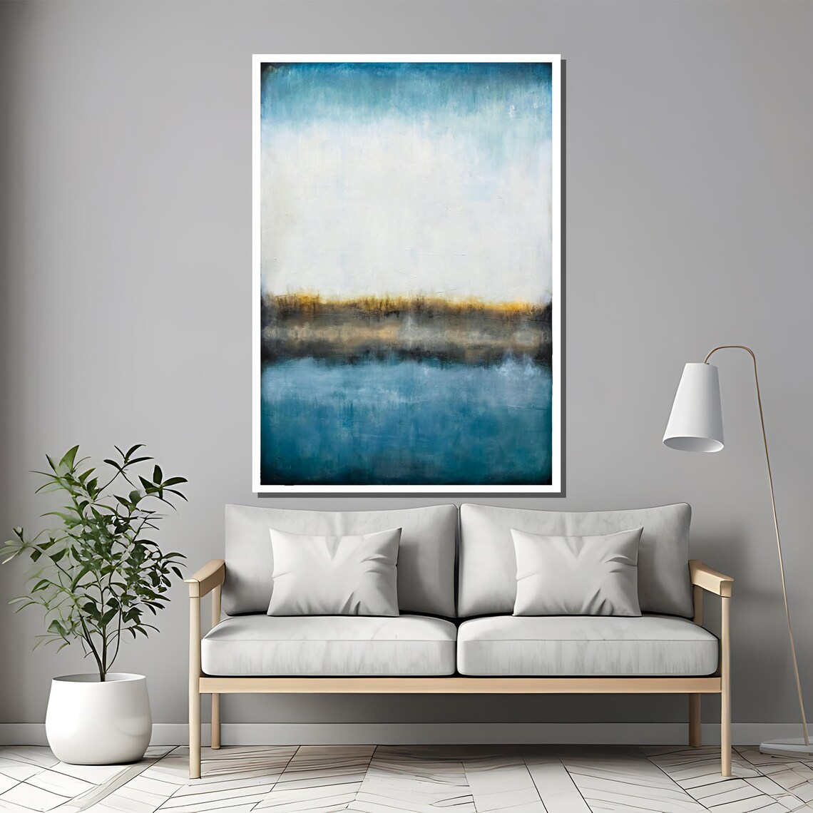 Blue and Gold Abstract Horizon Painting Serene Coastal Style Poster - Image 2
