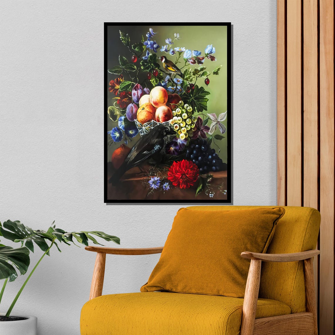 Classical Still Life Fruit Bowl with Birds and Dahlia Poster - Image 4