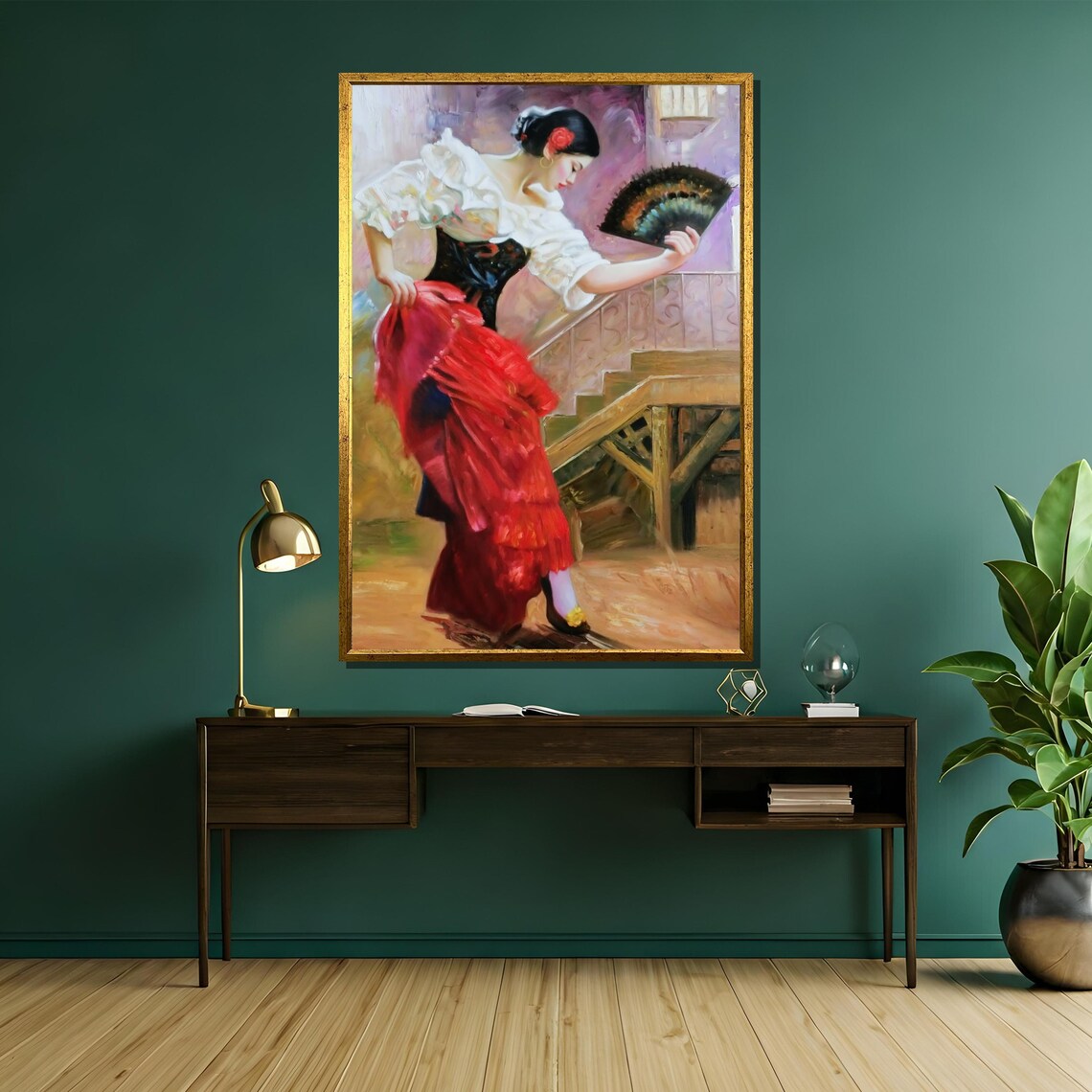 Flamenco Dancer on Stairs With Black Fan Spanish Oil Art Poster - Image 5