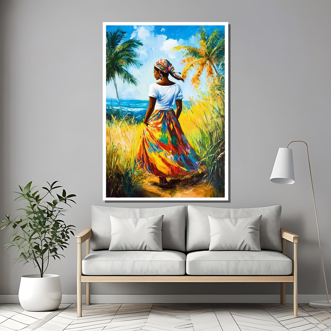 Colorful Caribbean Woman Walking Along Tropical Seaside Art Poster - Image 2
