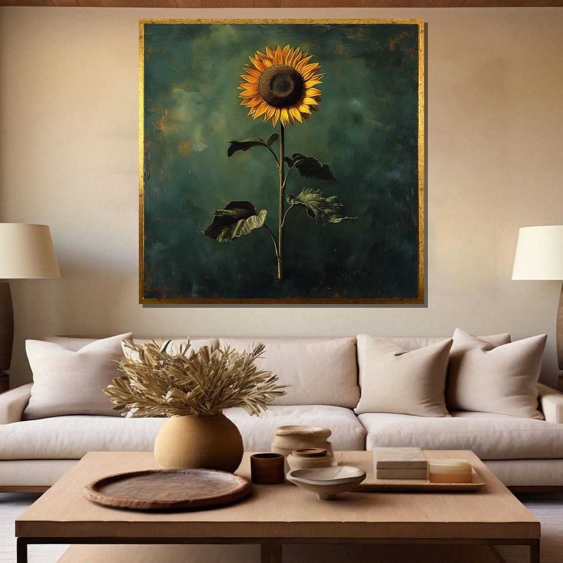 Single Sunflower On Deep Green Vintage Style Botanical Floral Poster - Image 5