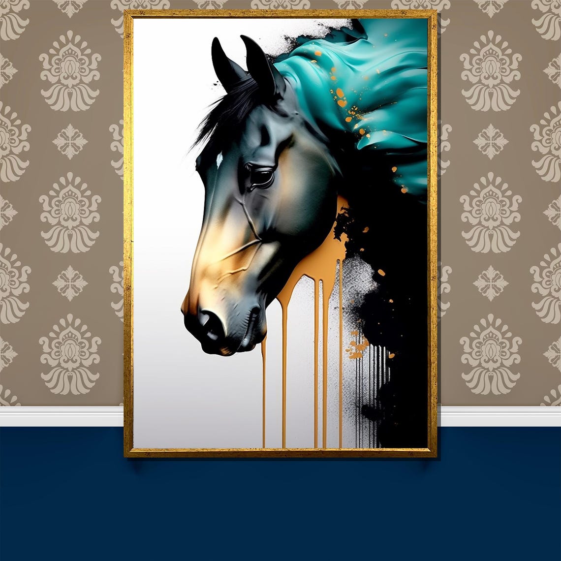 Abstract Horse Head Teal Mane with Gold Drip Modern Art Poster