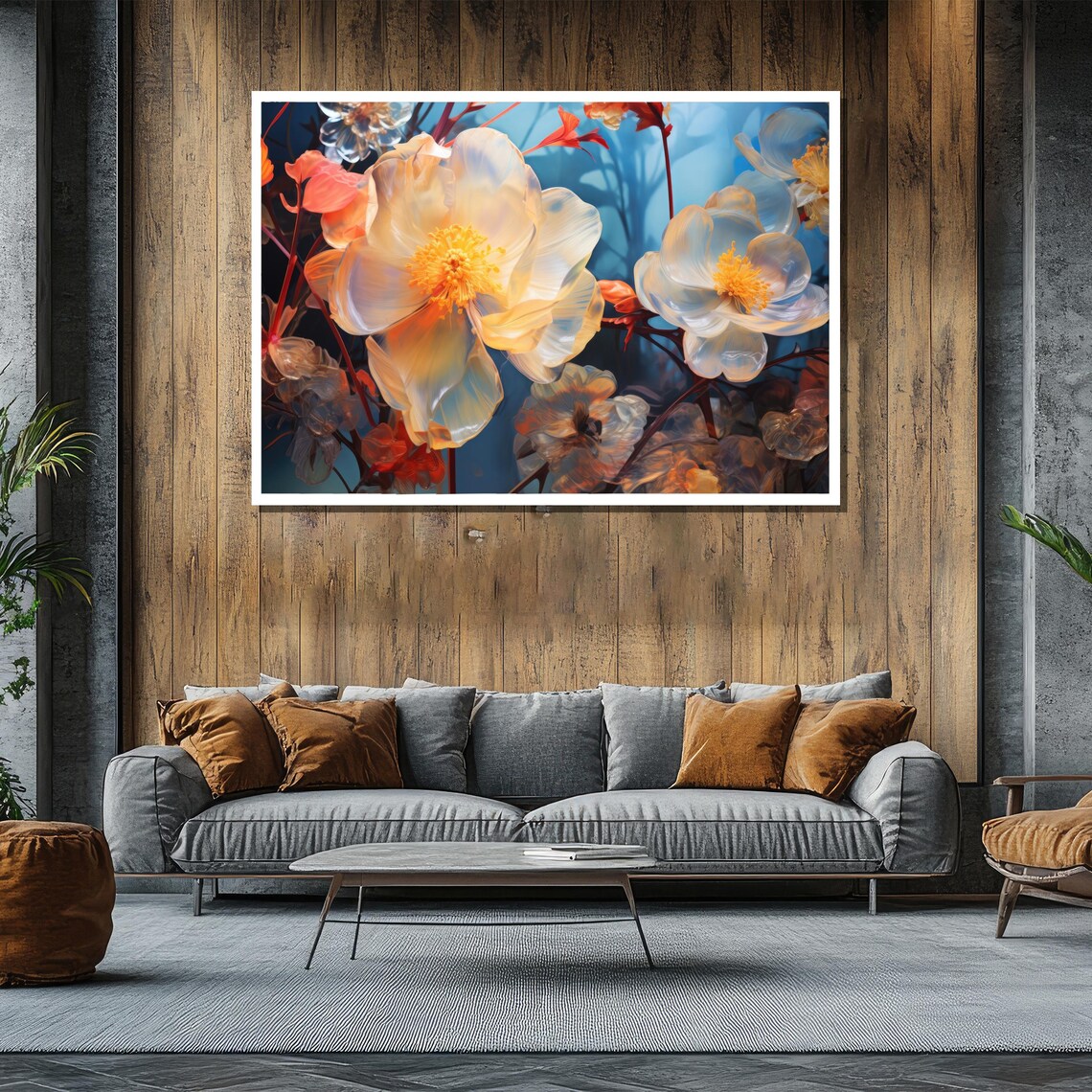 Dreamy Translucent White Blossoms On Blue Floral Painting Poster - Image 2