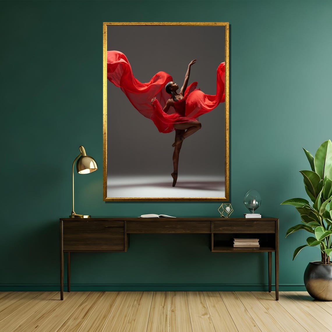 Ballerina on Pointe with Flowing Red Silk Fabric Studio Photo Poster - Image 5