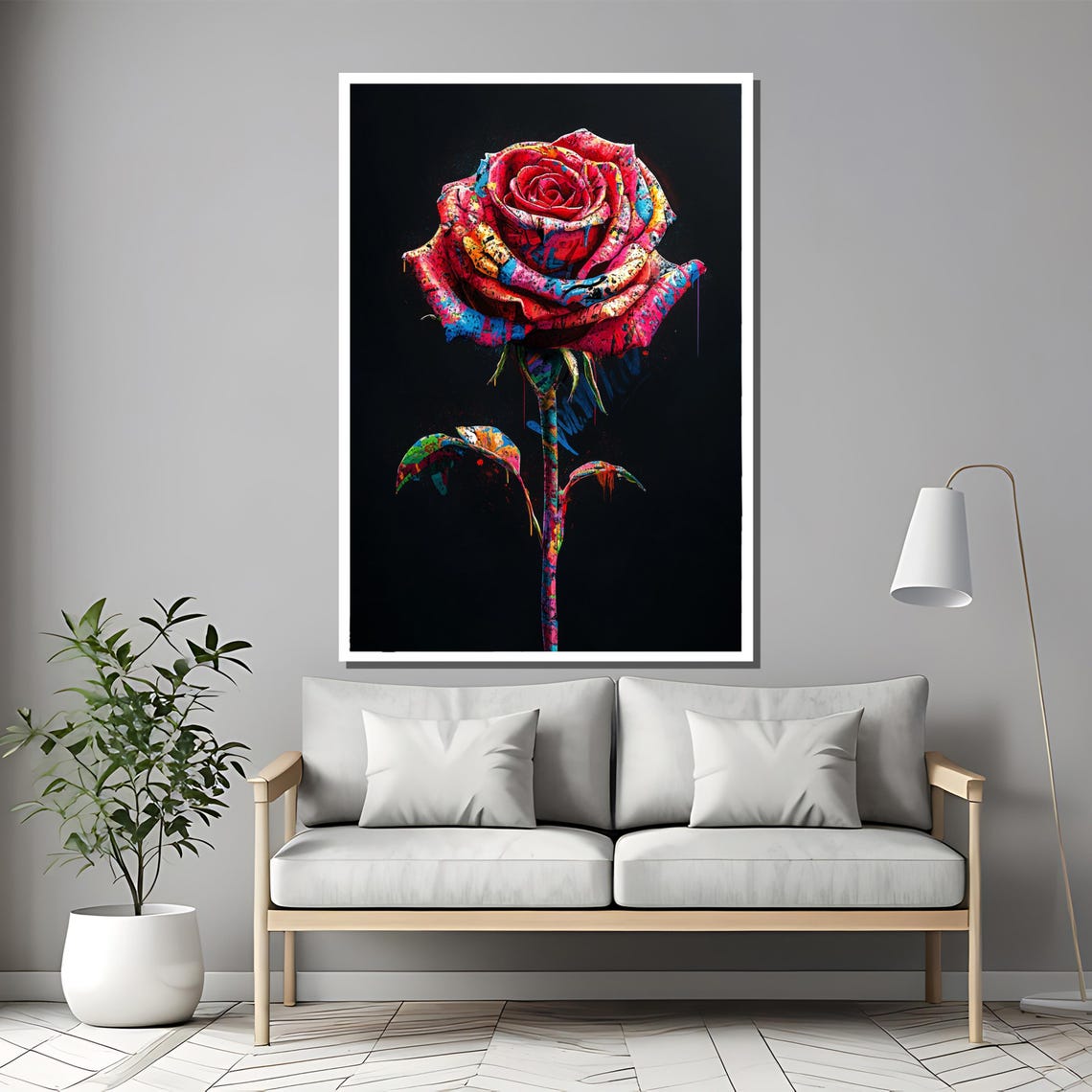 Graffiti Style Rose Multicolor Street Art Black Background Poster - Image 2