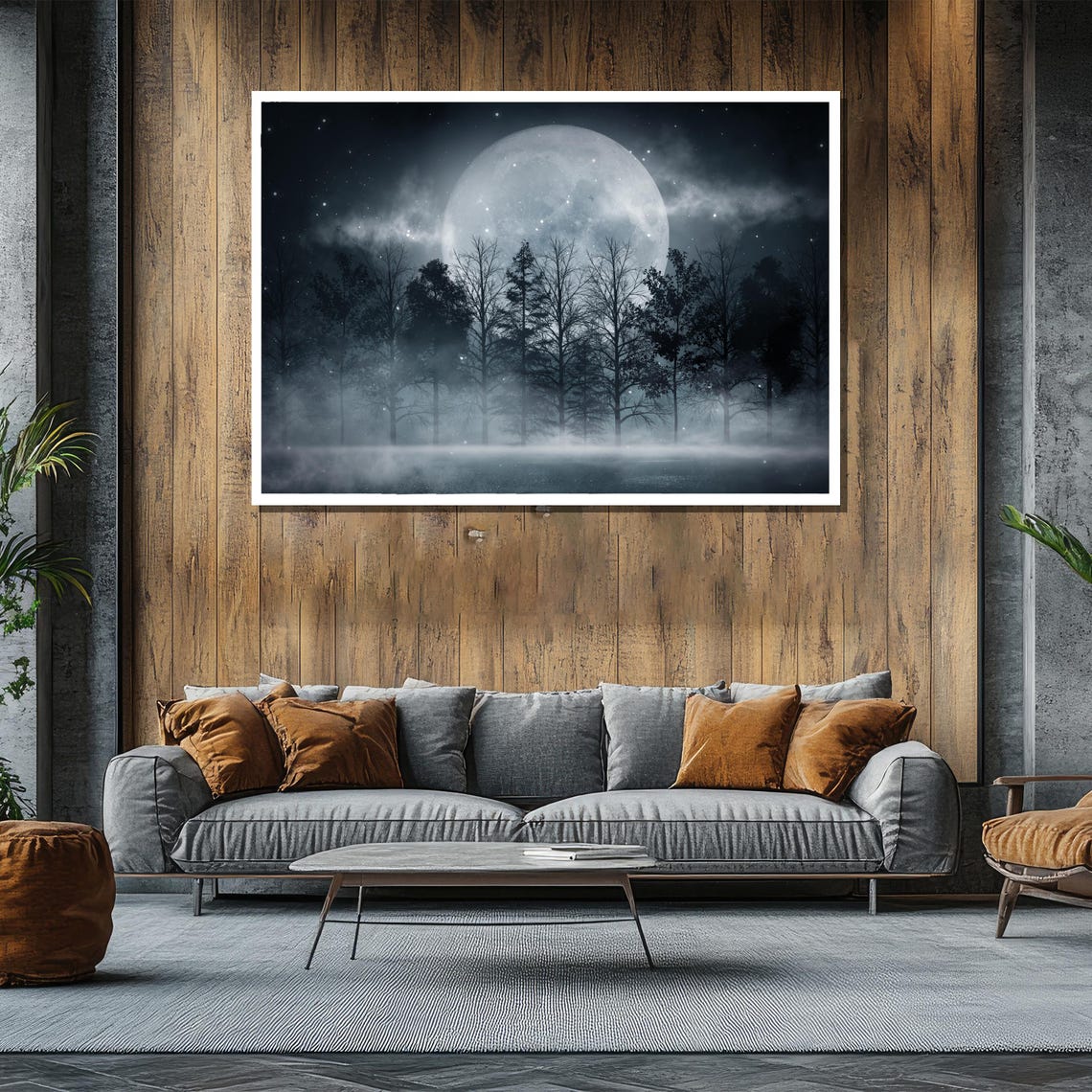 Enchanted Full Moon Painting Mysterious Forest Gift With Misty Night Sky Starry Glow And Silhouetted Trees For Eerie Wall Art Decor - Image 2