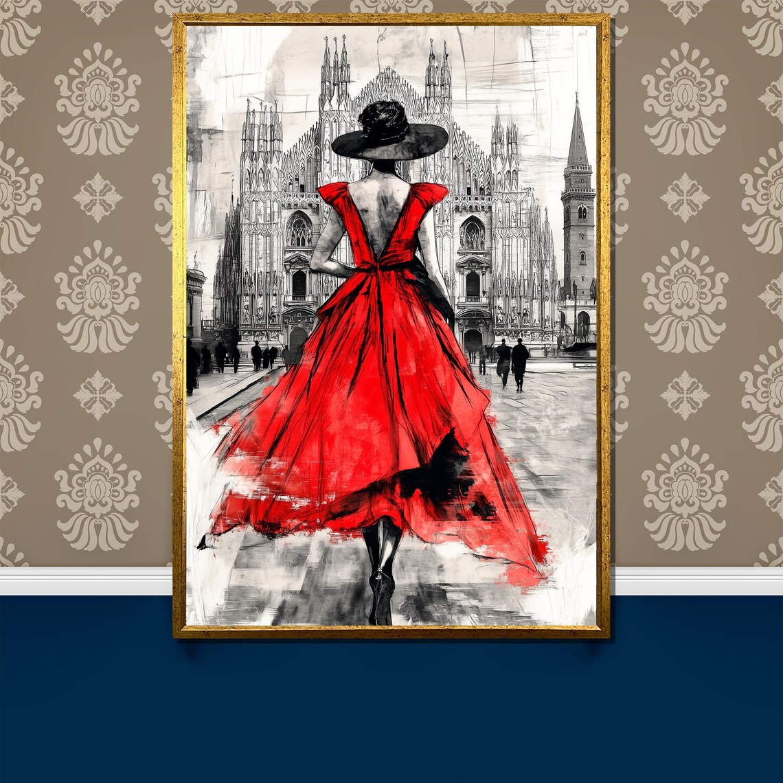 Elegant Lady in Flowing Red Dress Before a Gothic Cathedral Poster