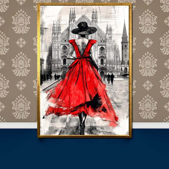 Elegant Lady in Flowing Red Dress Before a Gothic Cathedral Poster
