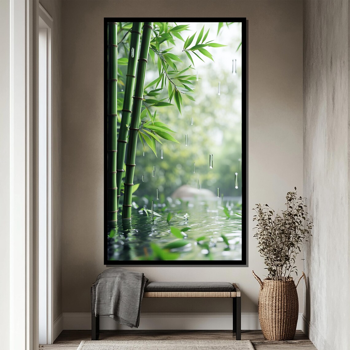 Green Bamboo Stalks Rising from Still Morning Pond Water Poster - Image 4