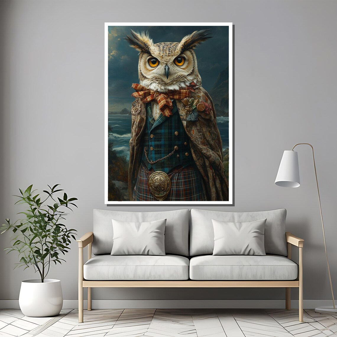 Scottish Owl in Tartan Kilt by the Coastline Portrait Poster - Image 2