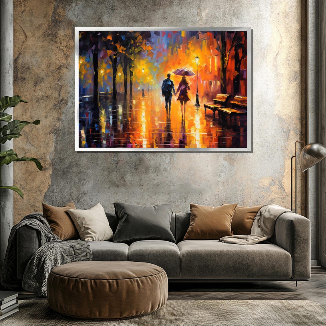 Colorful Rainy Street Couple Stroll Impressionist Joy Art Poster - Image 3